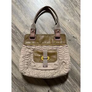 Vintage Fossil Purse Large Tote Bag Key-Per Tan Beige Quilted Leather Trim